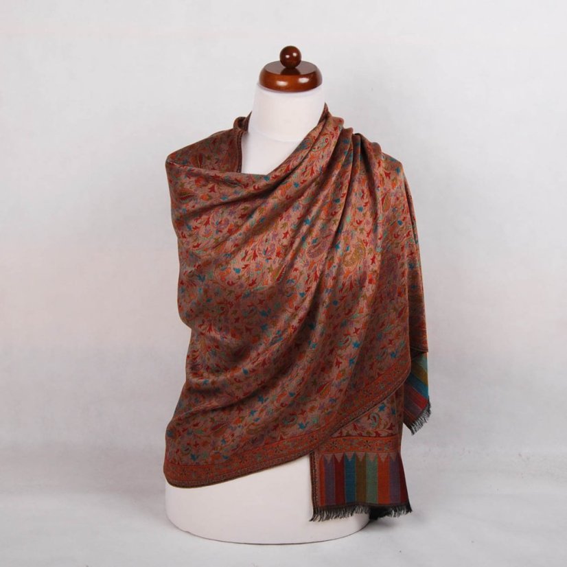 Šála z viskózy a hedvábí Khani Jamavar černá s červenou a tyrkysovou