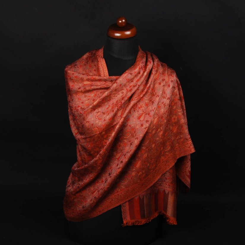 Schal aus Viskose und Seide Khani Jamawar in Kupfer-Farbe mit Rot