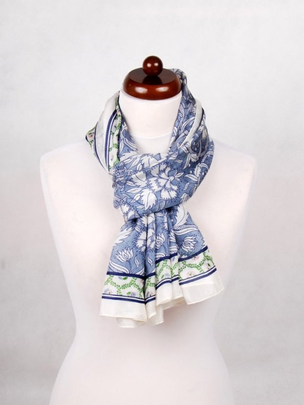 Großer Seidenschal mit Blumenmuster,  graublau