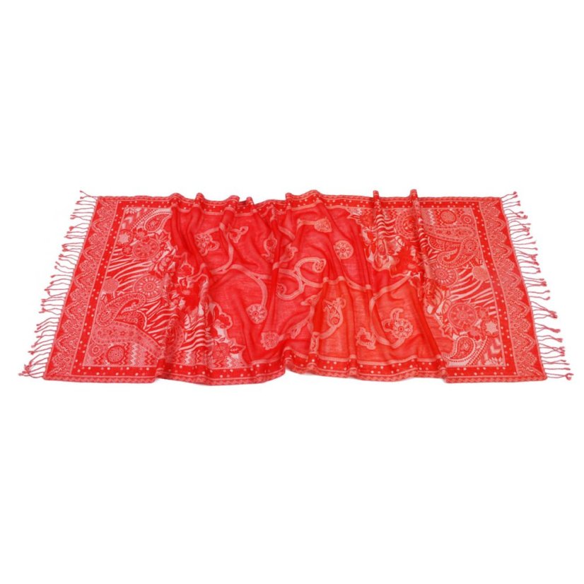 Šál z merino vlny červený s bielou a oranžovou farbou