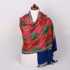 Kašmírská vlněná šála Jate M modrá s výšivkou se zlatou a červenou barvou