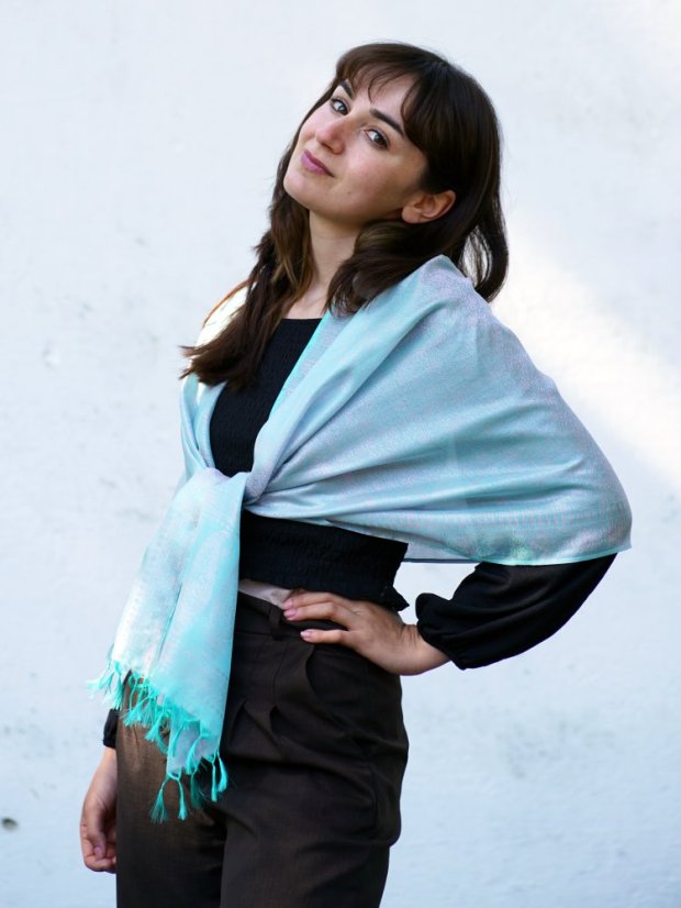 Seidenschal aus Varanasi hellgrün-hellrosa