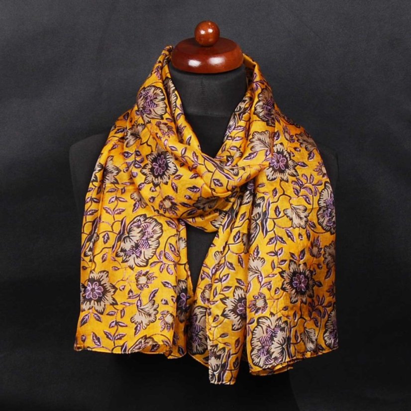 Hedvábná šála s potiskem velká tmavě žlutá