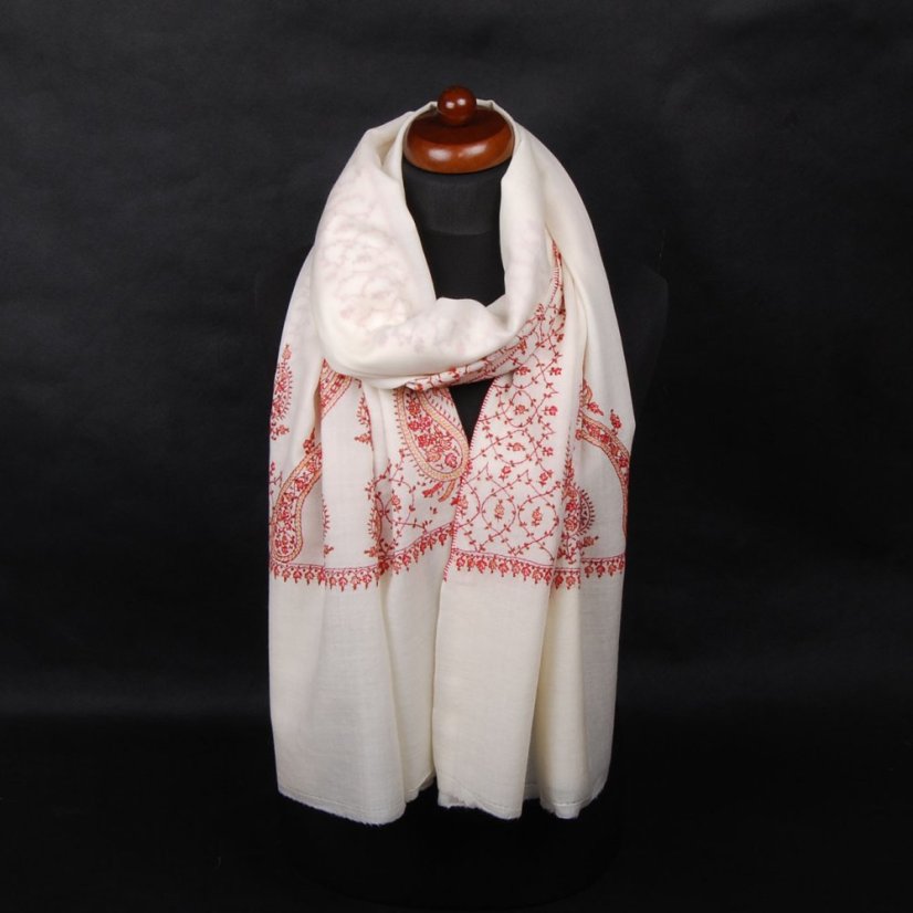 Kaschmirischer Wollschal handgestickt cremefarben mit Dunkelrot und Gelb