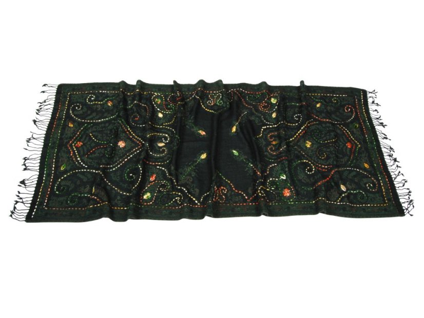 Schal aus Merinowolle handgestickt dunkelgrün