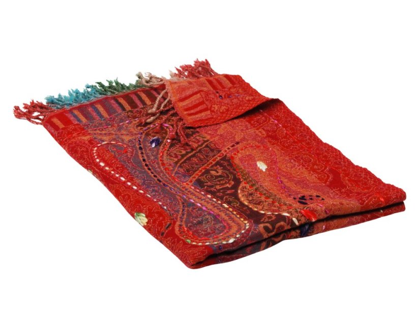 Schal aus Merinowolle handgestickt mehrfarbig mit Rot