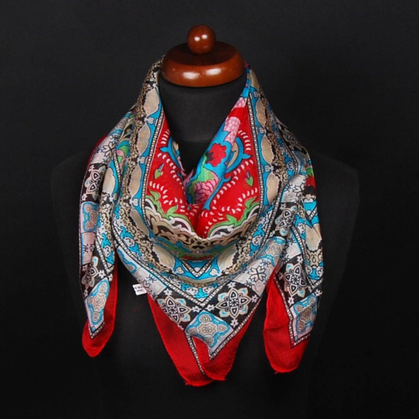 Seidentuch mit Aufdruck mit Rot und Türkis