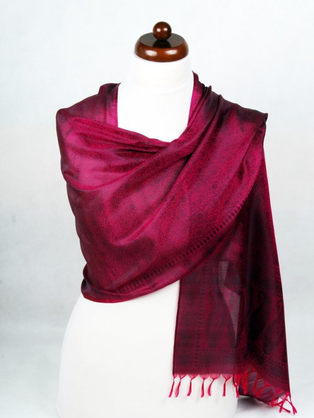 Hodvábny šál z Váránasí tmavoružovo-čierny