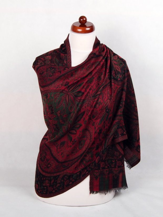 Kašmírská vlněná pašmína Khani Jamavar exclusive černo-červená s  tmavě zelenou