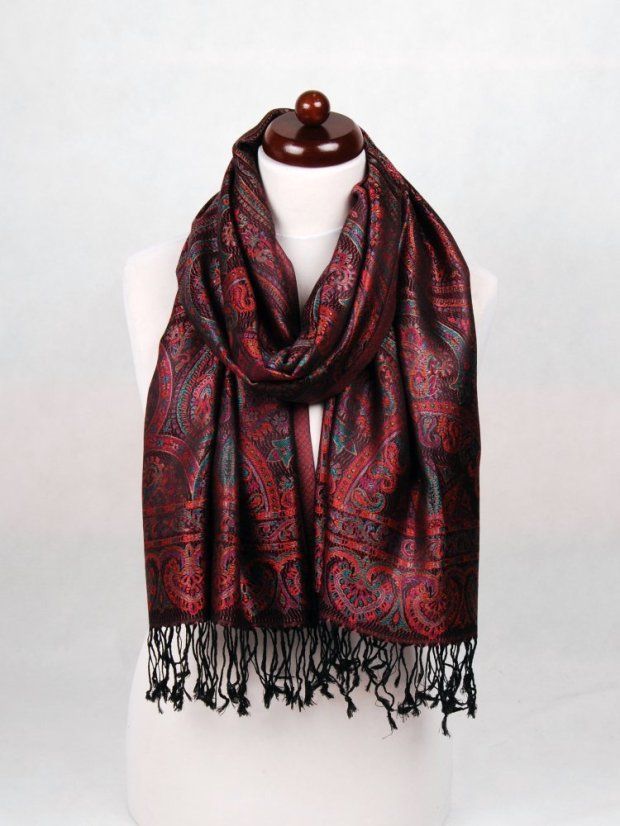 Hedvábná šála Super velká černá s magentou a tmavě zelenou