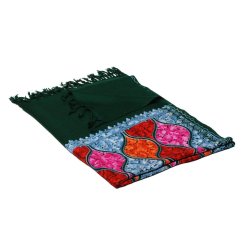 Kašmírsky vlnený šál Jate M tmavozelený s výšivkou so svetlomodrou a červenou