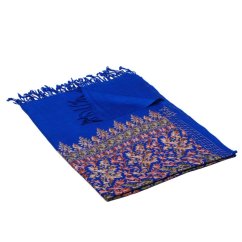 Kaschmirischer Wollschal blau mit Seide-Stickerei in Graugrün