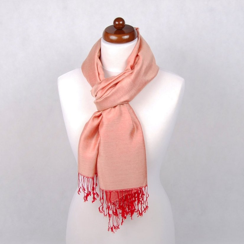 Šála z viskózy a hedvábí oboustranná červeno-světle béžová