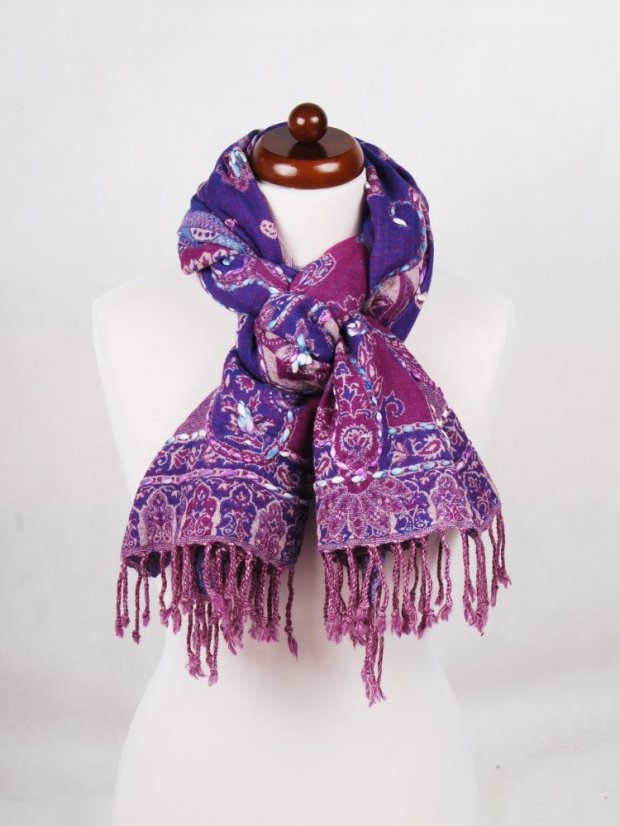 Šál z merino vlny s vyšívaním fialovo-modrý