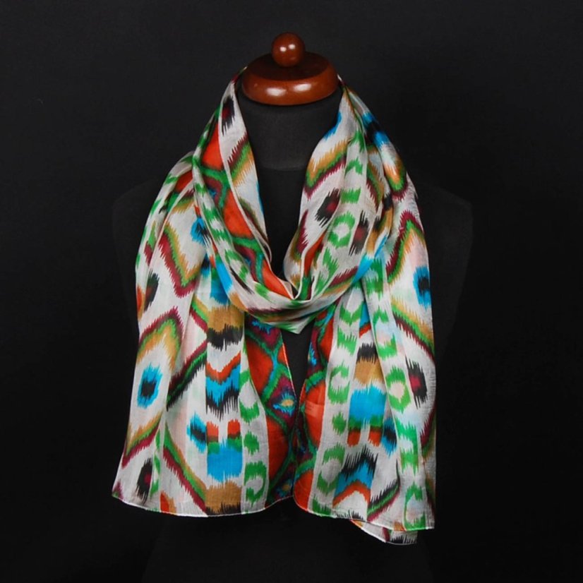 Seidenschal mit Aufdruck weiß mit hellgrün und Kupfer-Farbe