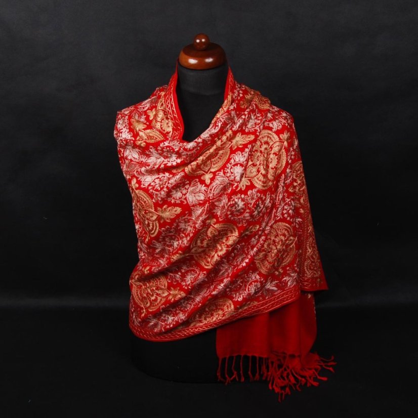 Kaschmirischer Wollschal rot mit Seide-Stickerei in Hellbraun