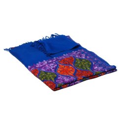 Kašmírsky vlnený šál Jate M modrý s výšivkou s fialovou a zelenou farbou