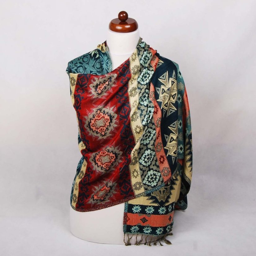 Šála z viskózy vícebarevná s tmavě modrou, světle žlutou a červenou