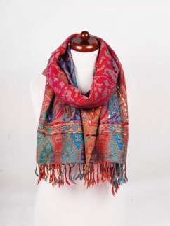Šála z merino vlny s vyšíváním mnohobarevná s magentou