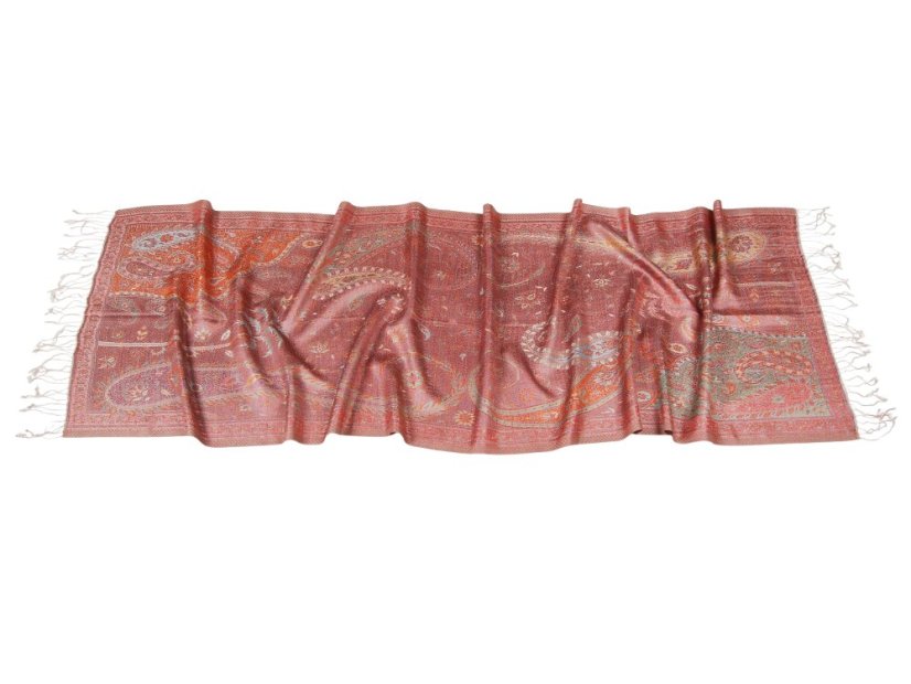 Hodvábny šál Super stredný smotanový s červenou a svetlomodrou farbou