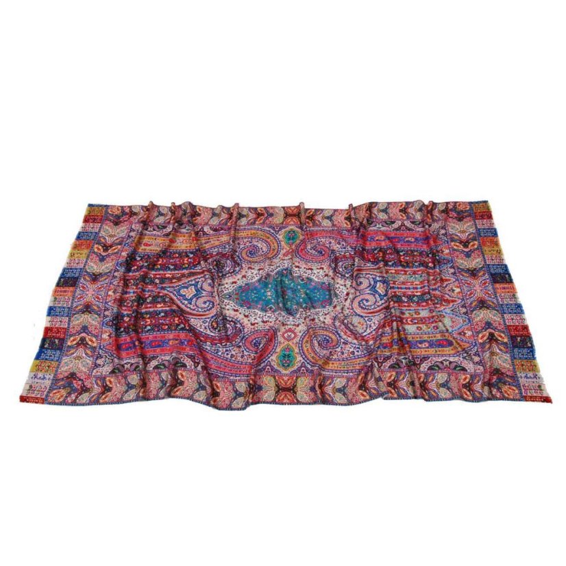 Šála z viskózy a hedvábí s potiskem s modrou a tmavě červenou