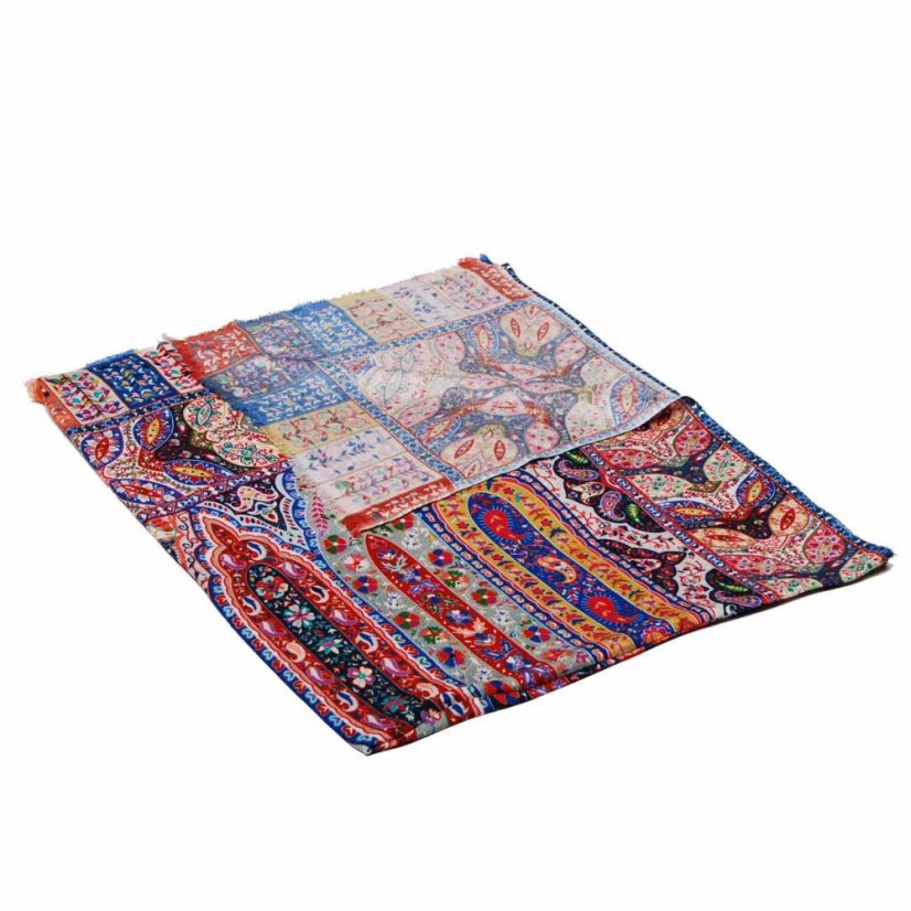 Šála z viskózy a hedvábí s potiskem s modrou a tmavě červenou