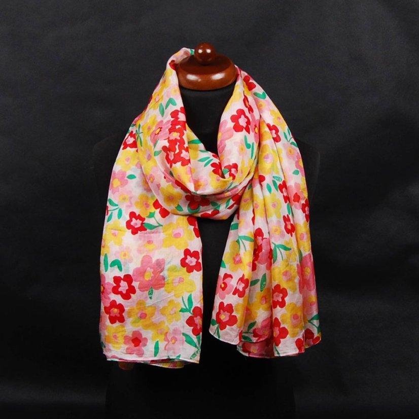 Hedvábná šála s potiskem velká se žlutou a růžovou