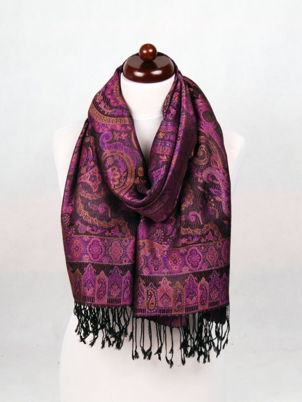 Hodvábny šál Super veľký čierno-fialový s hnedou