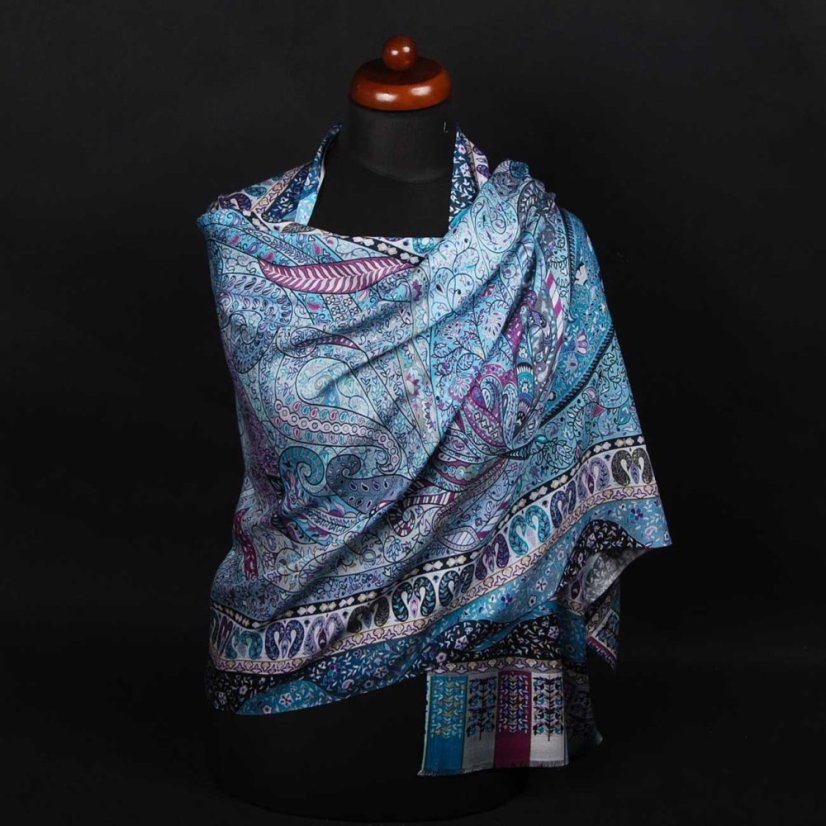 Schal aus Viskose und Seide mit Aufdruck mit Hellblau-Grau und Lila