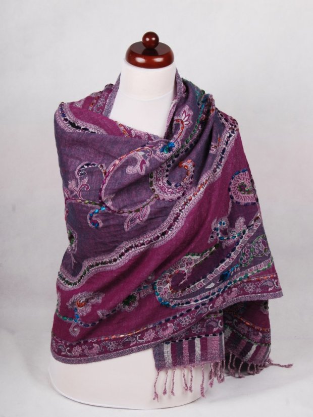 Šál z merino vlny s vyšívaním fialový