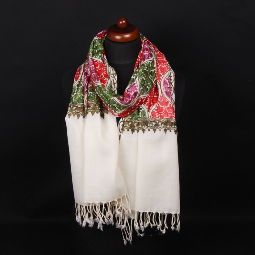 Kaschmirischer Wollschal Jate M cremefarben mit Stickerei mit Grün