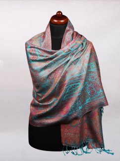 Hodvábny šál Super veľký Ornament tyrkysový s ružovou farbou