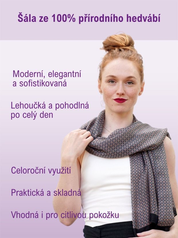 Velká hedvábná šála s geometrickým vzorem šedo-černá s oranžovou