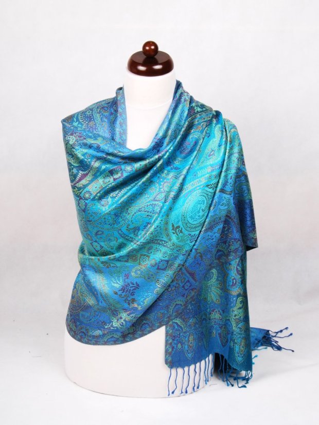 Hodvábny šál Super veľký Ornament modro-fialovo-tyrkysový