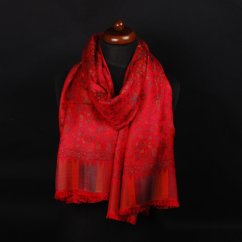 Šála z viskózy a hedvábí Khani Jamavar červená s tmavě zelenou