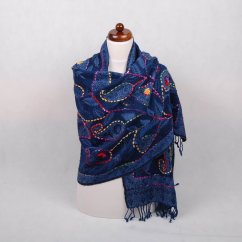 Šála z merino vlny s vyšíváním Tsering tmavě modrá
