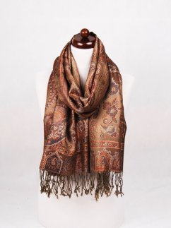 Hedvábná šála Super velká šedohnědá s tmavě oranžovou a tmavě modrou