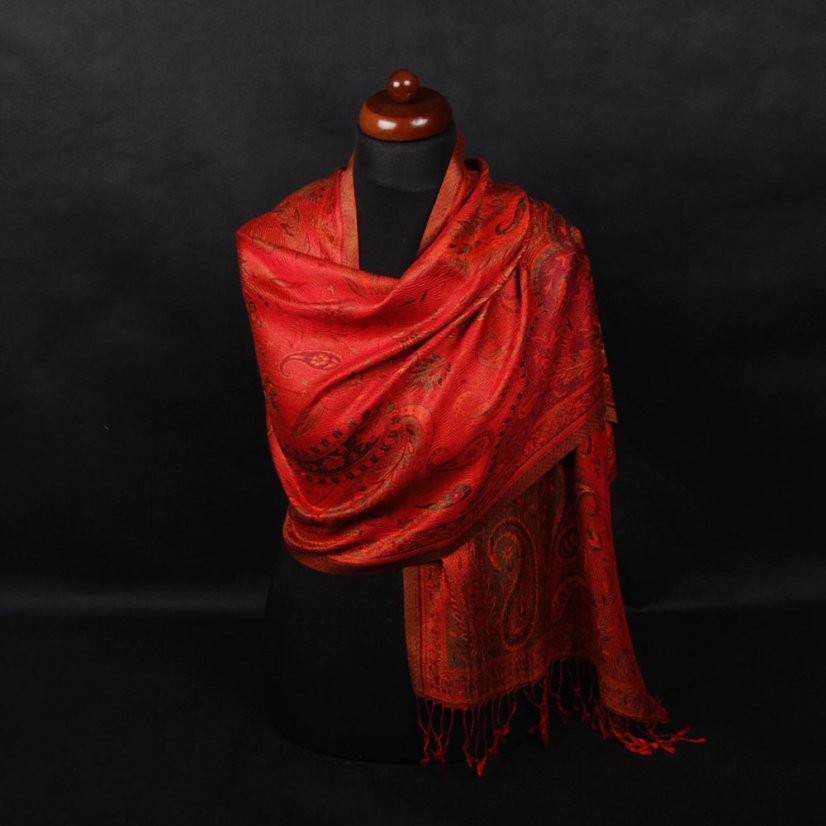 Hodvábny šál Super stredný Wangmo červený so zelenou farbou