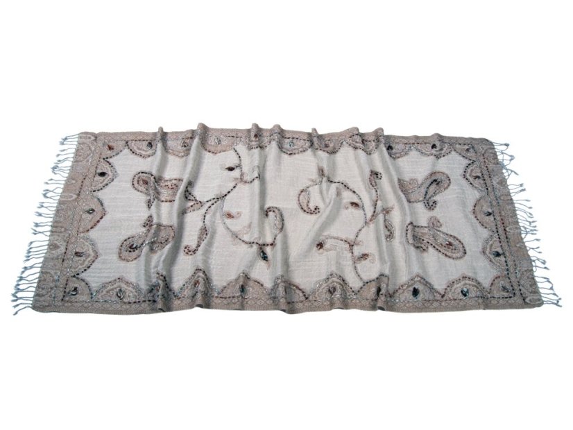 Schal aus Merinowolle handgestickt cremefarben mit Graubraun