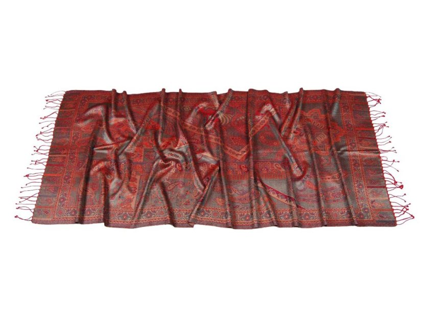 Seidenschal Super groß Norbu rot mit Gelb und Hellblau