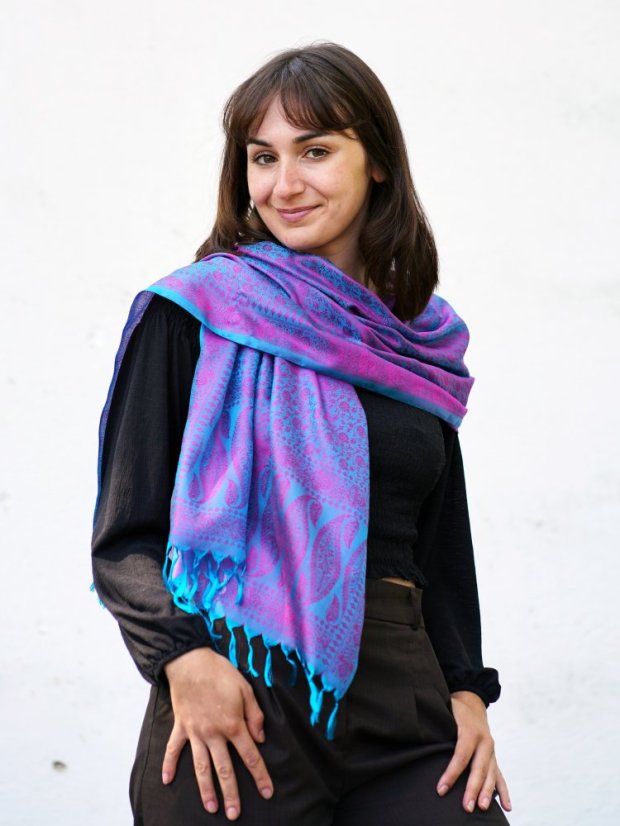 Hodvábny šál z Váránasí tyrkysovo-fialový