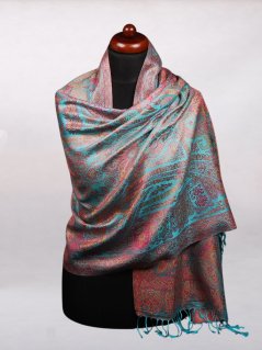 Hodvábny šál Super veľký Ornament tyrkysový s ružovou farbou