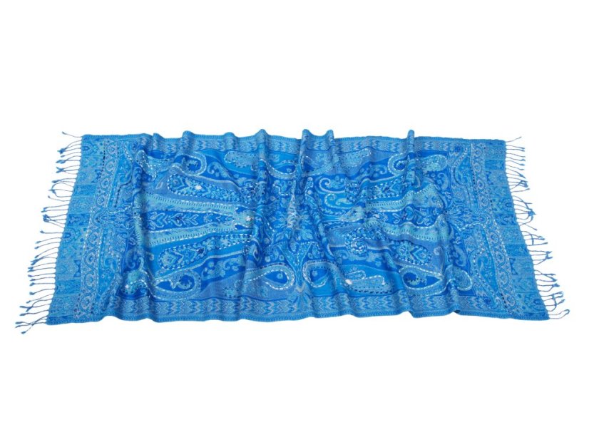 Šál z merino vlny s vyšívaním tyrkysovo-modrý