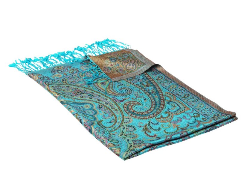 Hedvábná šála Super velká tyrkysová se žlutou