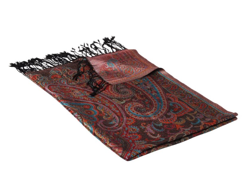 Hodvábny šál Super veľký čierny s červenou a tyrkysovou