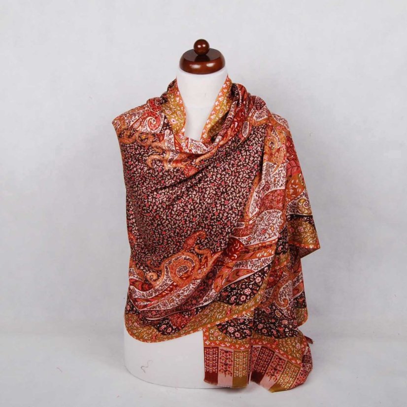 Šála z viskózy a hedvábí s potiskem s bordó, bílou a černou