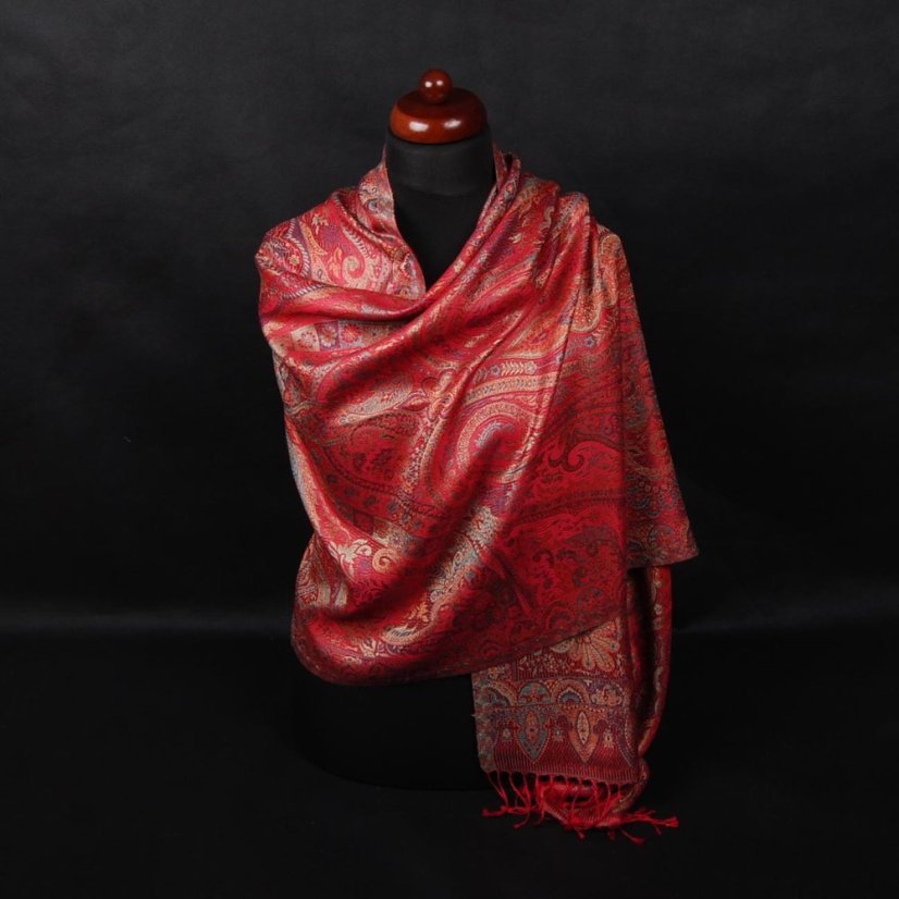 Hedvábná šála Super velká červená se žlutou a světle modrou