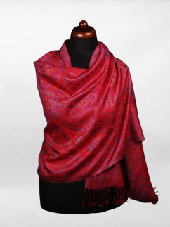 Hodvábny šál Super veľký červený s tyrkysovou a oranžovou farbou