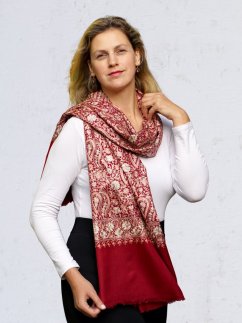 Kaschmirische Pashmina bordeauxrot mit Seide-Stickerei in heller Goldfarbe