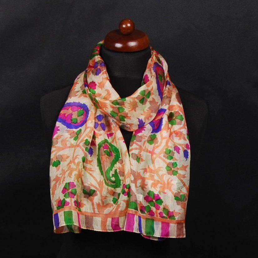 Hedvábná šála s potiskem světle zlatá se světle oranžovou